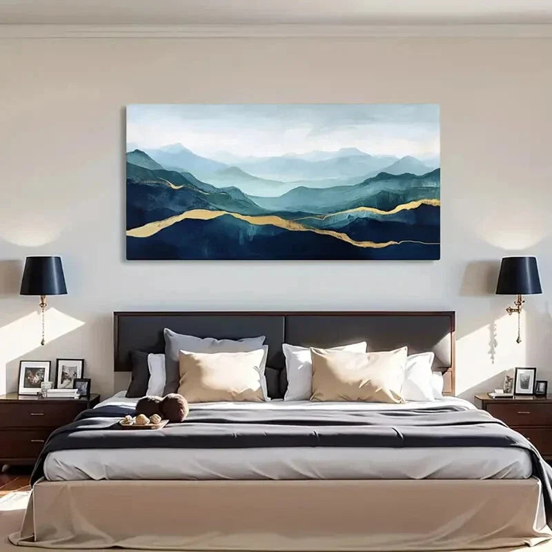 Blue & Golden Serene Nature Wall Art Canvas Office Home Room Framed 80x45cm