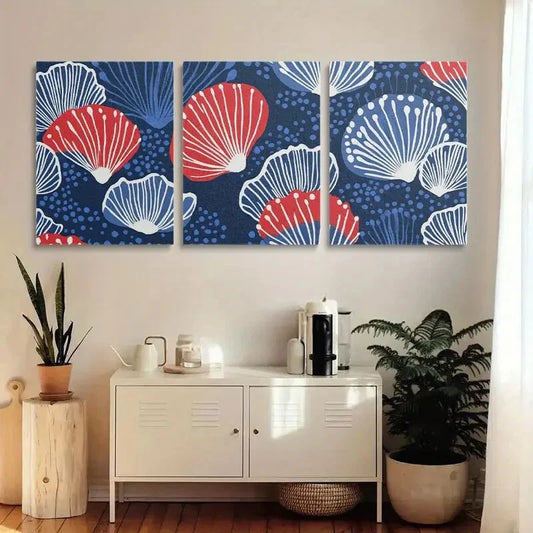 3pcs Blue and Red Abstract with White Accents Metal Print Ready to Hang Art
