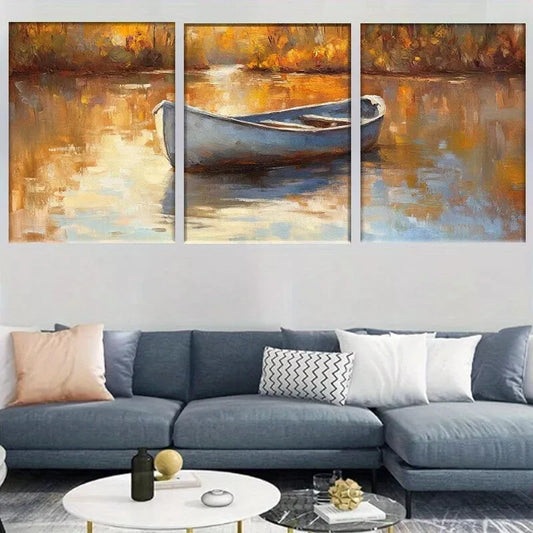 3pcs Modern Serene Lake Rustic Autumn Boat Wall Art Set Canvas Framed 40x60cm - High Quality Print 100% Australian Made Wall Canvas Ready to Hang