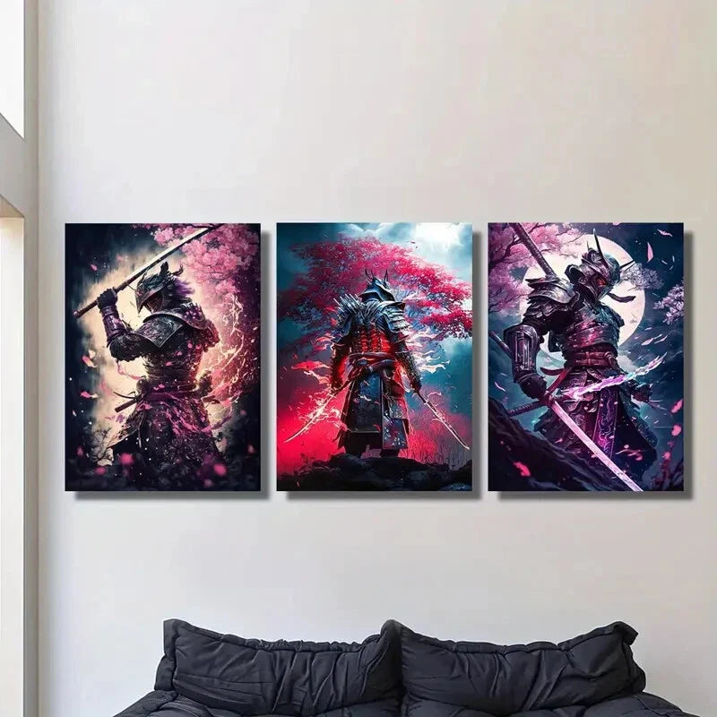 3pcs Japanese samurai painting under cherry blossomMetal Print Ready to Hang Art
