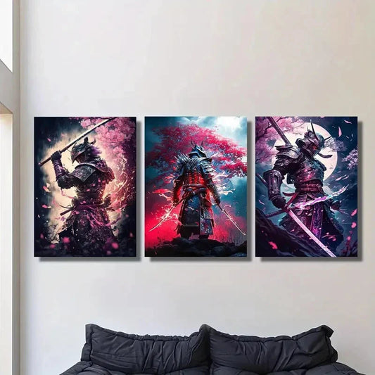 3pcs Japanese samurai painting under cherry blossomMetal Print Ready to Hang Art