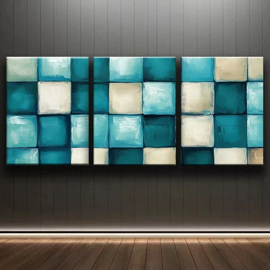 3pcs Abstract Geometric Shapes Colourful Blue Metal Print Ready to Hang Art
