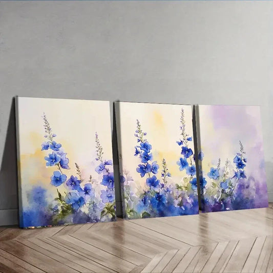 3pcs Blue Flower Watercolor Nature Perfect Wall Perfect Wall Art Set Canvas Framed 40x60cm - High Quality Print 100% Australian Made Wall Canvas Ready to Hang