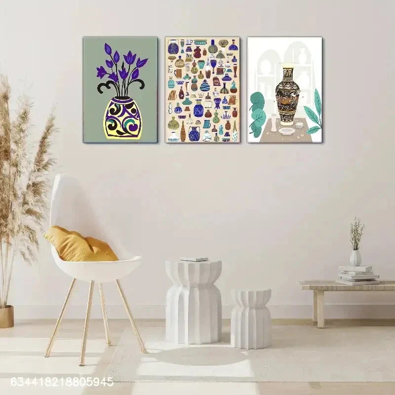 3pcs Sarawak pottery, Enchanting Blooms Metal Print Ready to Hang Art
