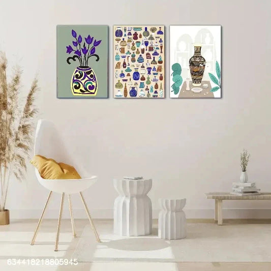 3pcs Sarawak pottery, Enchanting Blooms Metal Print Ready to Hang Art