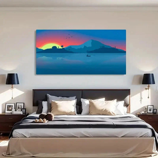 Minimalist Beach Boat Mountain Wall Art Canvas Office Home Room Framed 80x45cm