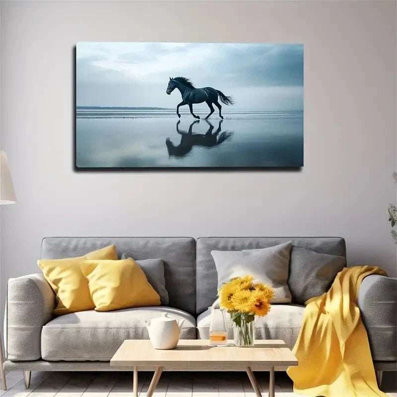 Majestic Black Horse Running Wall Art Canvas Office Home Room Framed 120x60cm
