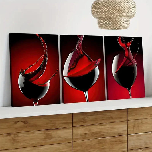 3pcs Red Wine Glass Black Stunning Red Wall Art Set Canvas Framed 40x60cm - High Quality Print 100% Australian Made Wall Canvas Ready to Hang