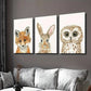 3pcs Cute Fox Rabbit & Owl on White Background Wall Art Set Canvas Framed 40x60cm - High Quality Print 100% Australian Made Wall Canvas Ready to Hang