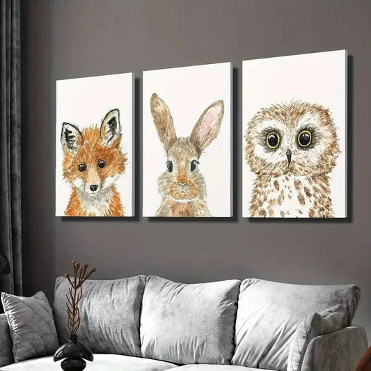 3pcs Cute Fox Rabbit & Owl on White Background Wall Art Set Canvas Framed 40x60cm - High Quality Print 100% Australian Made Wall Canvas Ready to Hang