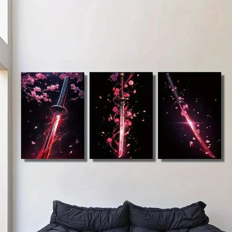 3pcs  Vibrant Sakura & Samurai Katana Design Metal Print Ready to Hang Art