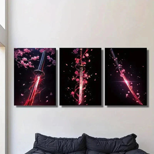 3pcs  Vibrant Sakura & Samurai Katana Design Metal Print Ready to Hang Art