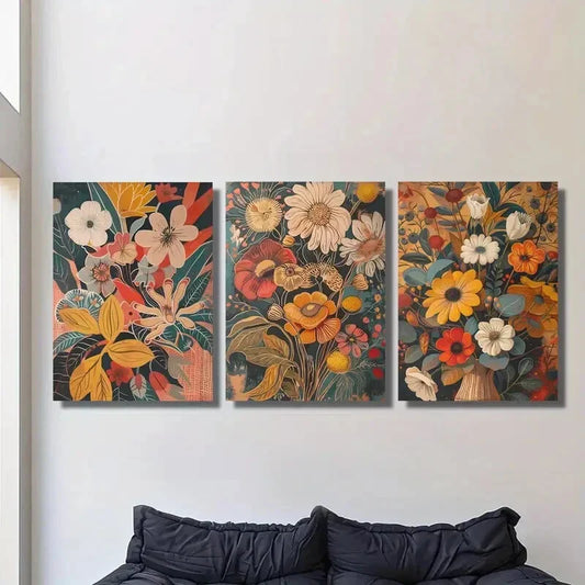 3pcs bohemian vintage wildflowers, Metal Print Ready to Hang Art