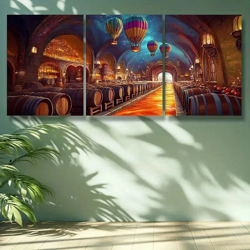 3pcs  Vibrant Wine Cellar with Hot Air Balloon Metal Print Ready to Hang Art