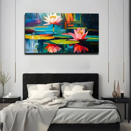 Vibrant Water Lily And Lily Pad Wall Art Canvas Office Home Room Framed 120x60cm