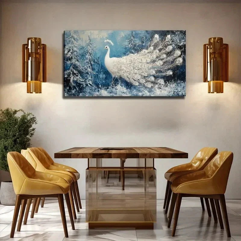 Peacock Modern Snowy Wall Art Canvas Office Home Room Framed 120x60cm