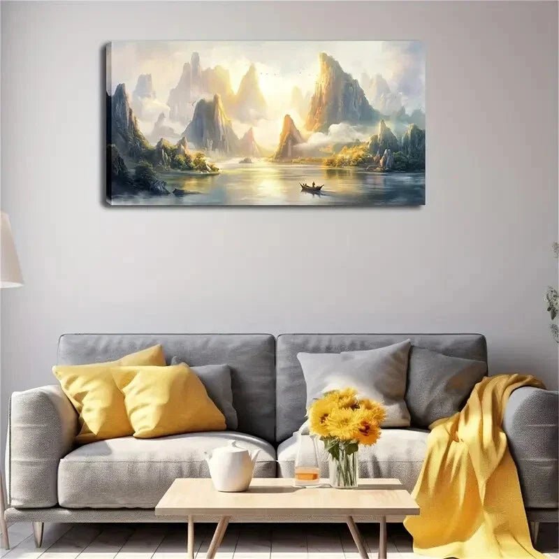Warm Sunlight Mountain Lake Wall Art Canvas Office Home Room Framed 120x60cm
