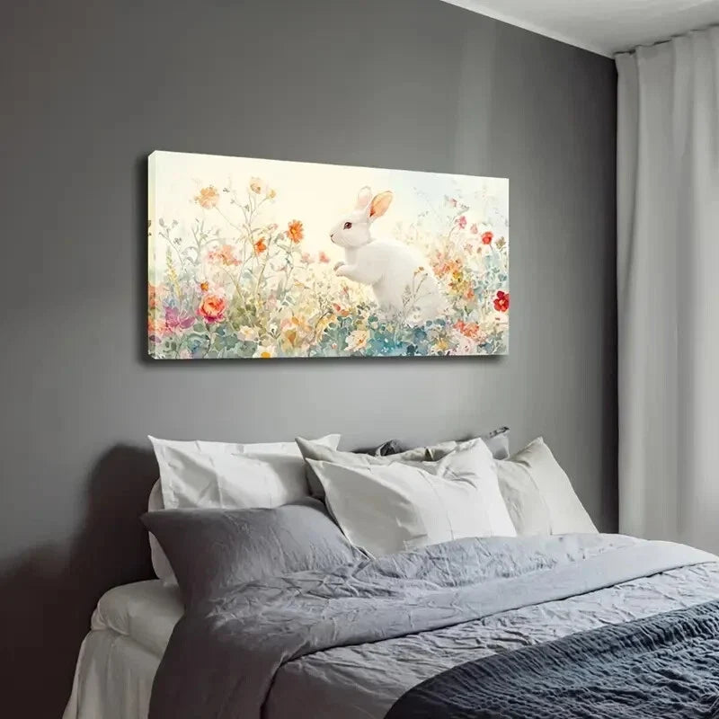 Bunny in Flower Field Realistic Wall Art Canvas Office Home Room Framed 120x60cm