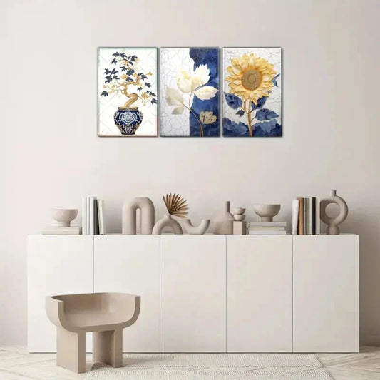 3pcs Sunflowers, leaves, potted plants Metal Print Ready to Hang Art