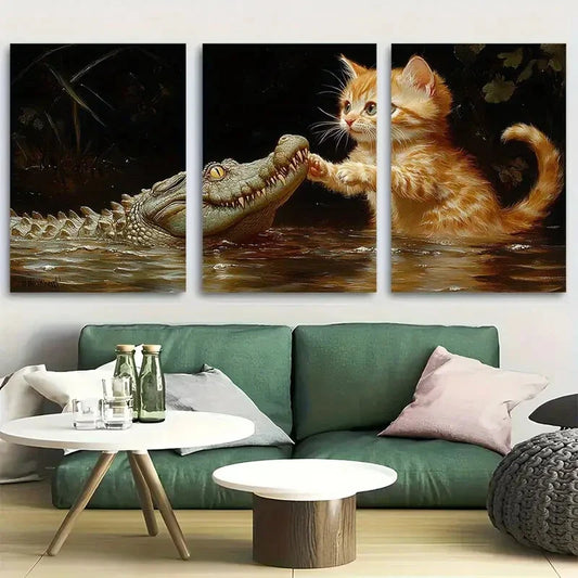 3pcs Funny Cat vs Crocodile Playful Scene Metal Print Ready to Hang Art