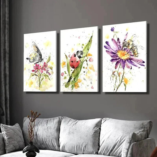 3pcs Flowers & Butterfly Ladybug Bee Wall Art Set Canvas Framed 40x60cm - High Quality Print 100% Australian Made Wall Canvas Ready to Hang
