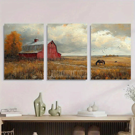 3pcs Vibrant Rustic Barn & Horses Cloudy Sky Metal Print Ready to Hang Art