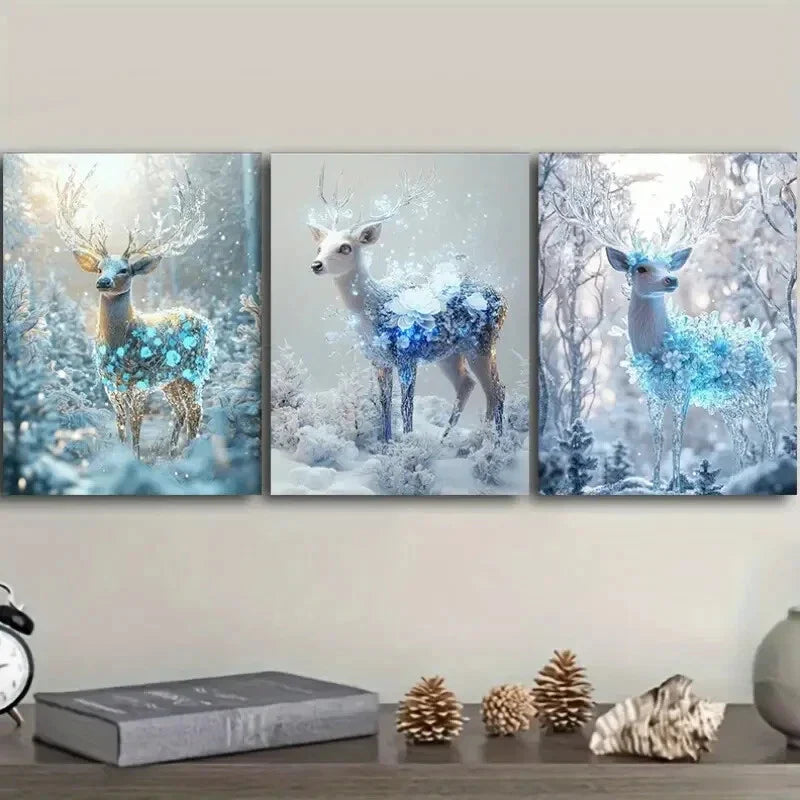3pcs Deer with Snowflakes, Ice-Blue & Golden Wall Art Set Canvas Framed 40x60cm - High Quality Print 100% Australian Made Wall Canvas Ready to Hang