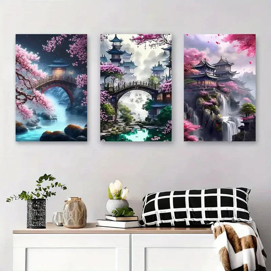 3pcs Japanese Garden Cherry Blossoms Metal Print Ready to Hang Art