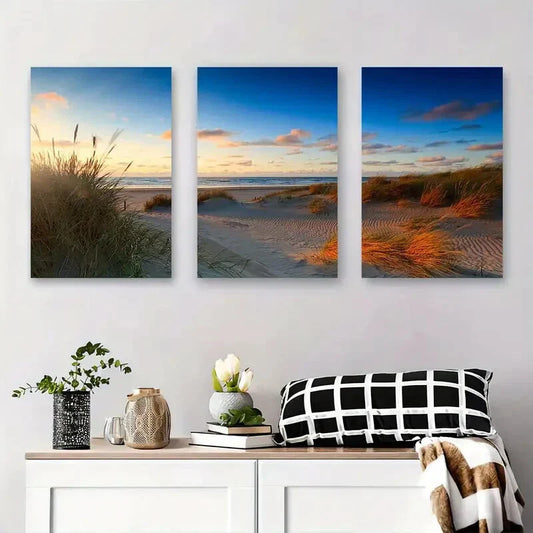 3pcs Sunset Beach Grass Coastal Landscape Metal Print Ready to Hang Art