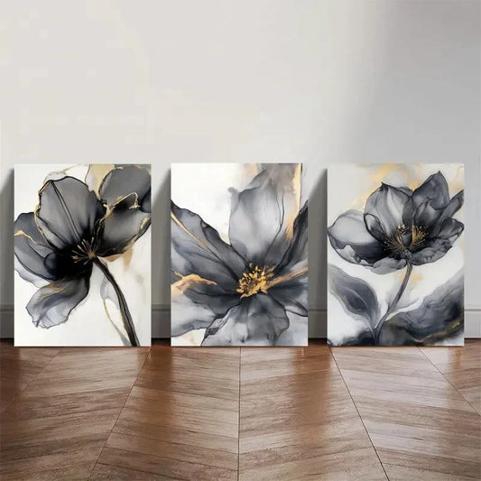 3pcs Luxury FloralBlack And Golden Abstract Flower Metal Print Ready to Hang Art
