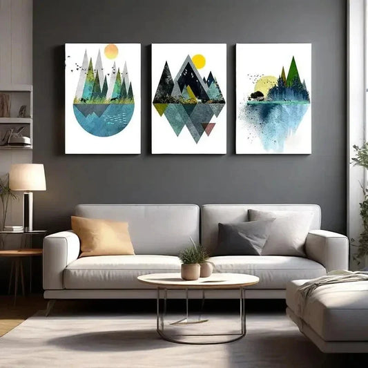 3pcs  Abstract Geometric Mountain Landscape Metal Print Ready to Hang Art