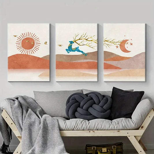 3pcs Sun and Moon Landscape Metal Print Ready to Hang Art