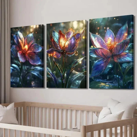 3pcs Vibrant Luminous Glowing Petals Flower Wall Art Set Canvas Framed 40x60cm - High Quality Print 100% Australian Made Wall Canvas Ready to Hang