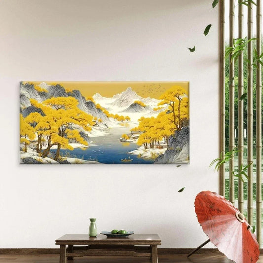 Yellow Trees & Snowy Mountains Wall Art Canvas Office Home Room Framed 80x45cm
