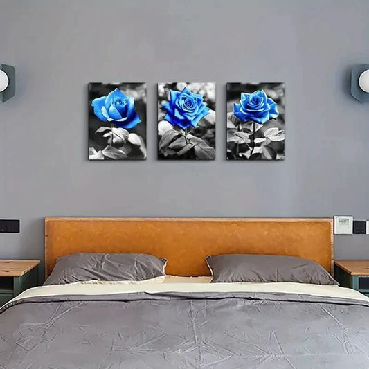 3pcs Black And White Blue Rose Flowers  Metal Print Ready to Hang Art