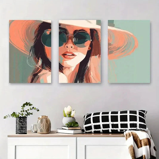 3pcs Abstract Woman Portrait Fashionable Lady Metal Print Ready to Hang Art