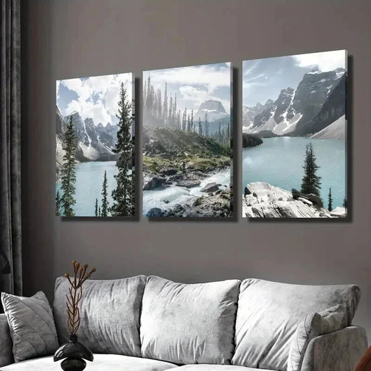 3pcs Lake Louise Snow Mountain and Forest Wall Art Set Canvas Framed 40x60cm - High Quality Print 100% Australian Made Wall Canvas Ready to Hang