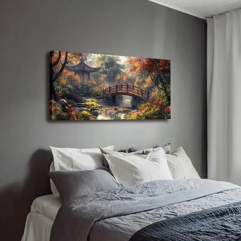 Serene Japanese Bridge & Autumn Wall Art Canvas Office Home Room Framed 120x60cm