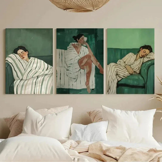 3pcs Emerald Green Abstract Minimalist Metal Print Ready to Hang Art