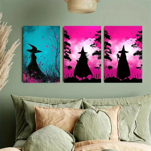 3pcs Witch Silhouette, Black and Purple Background Metal Print Ready to Hang Art