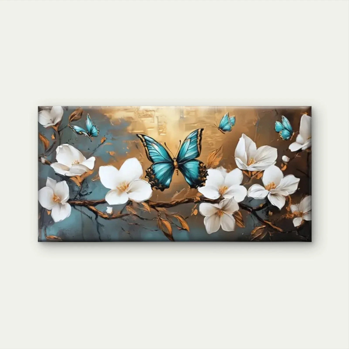 White Flowers Butterflies Wall Art Canvas Office Home Room Framed 80x45cm