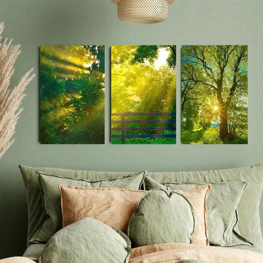 3pcs The Sunlight in the Thick Fog of the Forest Metal Print Ready to Hang Art