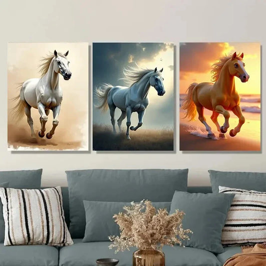 3pcs Horses Modern Pictures Blue Running Wall Art Set Canvas Framed 40x60cm - High Quality Print 100% Australian Made Wall Canvas Ready to Hang