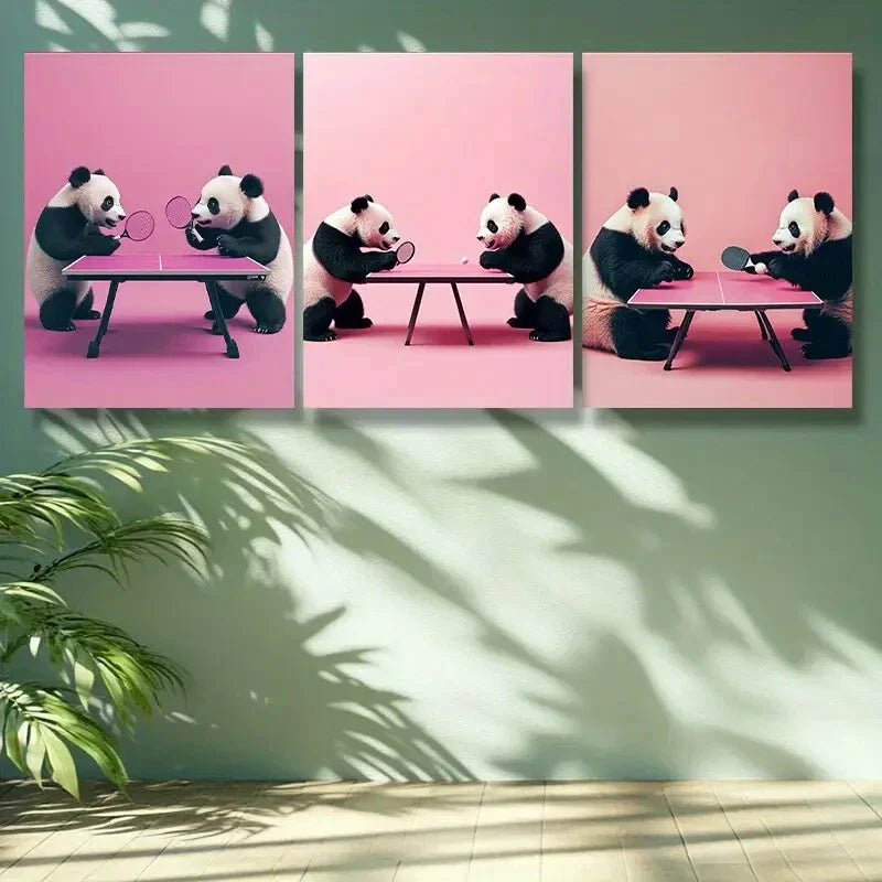 3pcs Adorable Panda Table Tennis Set Metal Print Ready to Hang Art