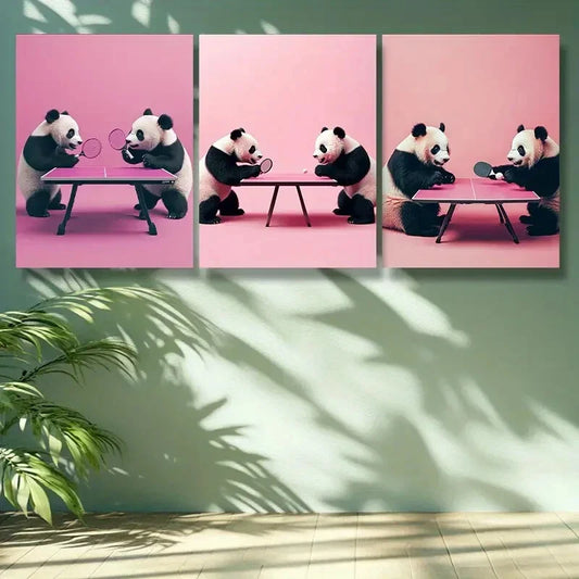 3pcs Adorable Panda Table Tennis Set Metal Print Ready to Hang Art