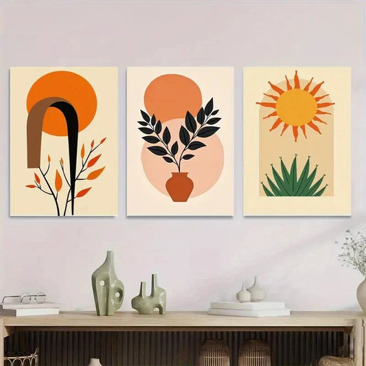 3pcs Modern Abstract Boho Style Sun Metal Print Ready to Hang Art
