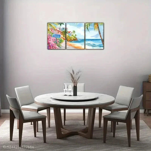 3pcs Coastal Cityscape, Watercolor style Tropical Metal Print Ready to Hang Art