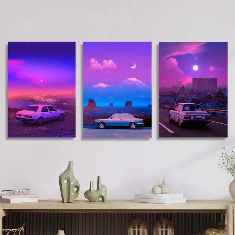 3pcs Colorful Cityscapes with Classic Cars,  Metal Print Ready to Hang Art