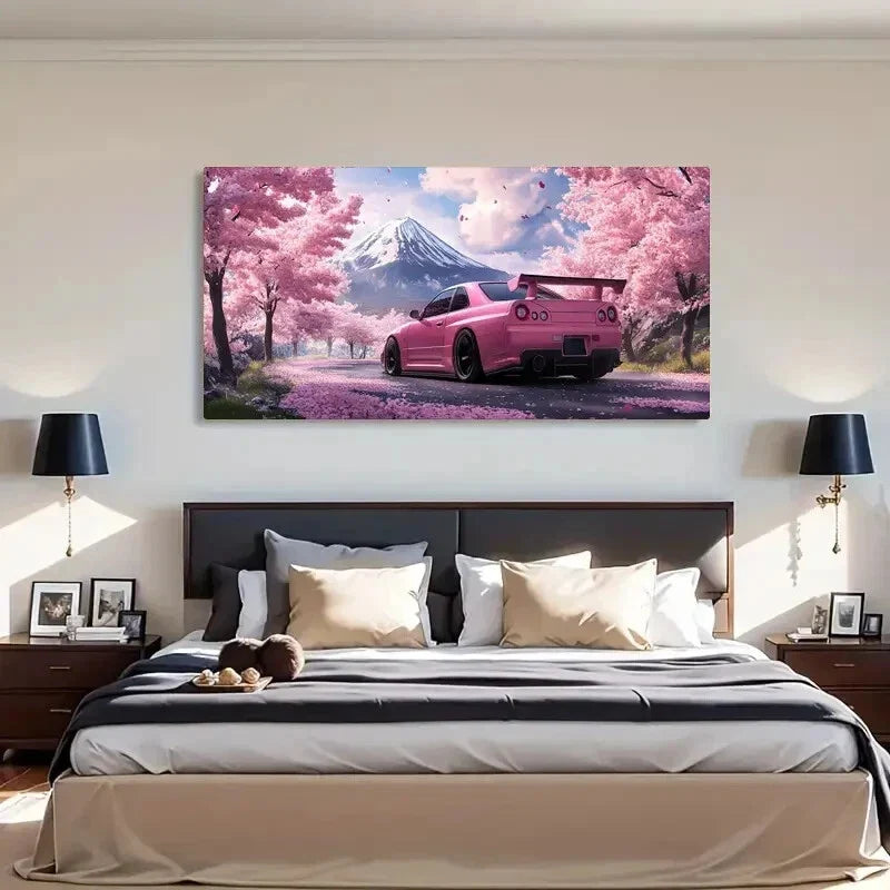 Blossoms & Pink Car Modern Wall Art Canvas Office Home Room Framed 120x60cm