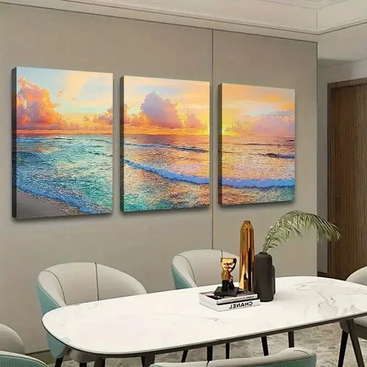 3pcs Sunset Ocean Beach Canvas Framed 40x60cm - High Quality Print 100% Australian Made Wall Canvas Ready to Hang